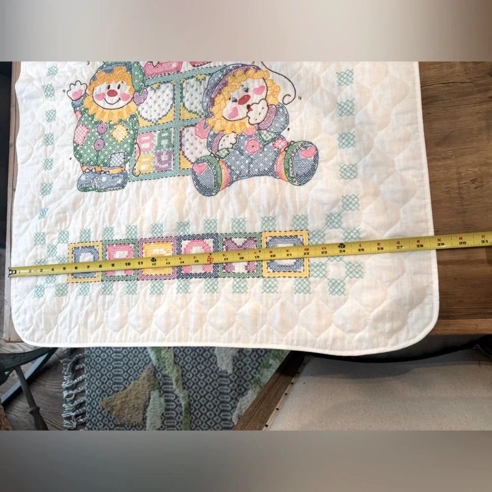 Vintage Clown Cross Stitched Baby Quilt. Blanket| Sweet Dreams |Pastel 39.5x28.5